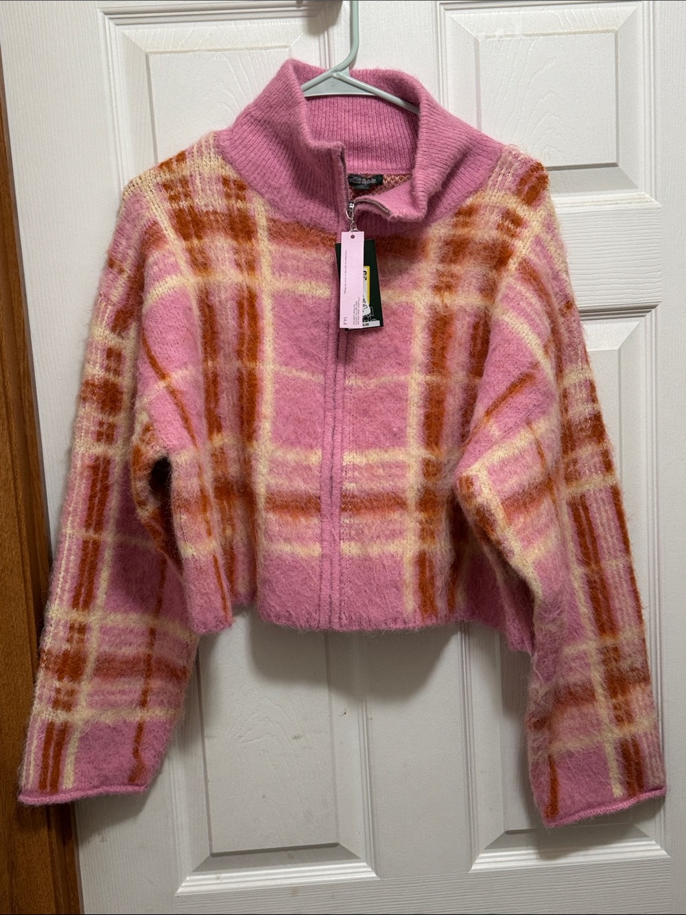 wild fable Pink & Rust Plaid Zip-Up Fuzzy Cardigan